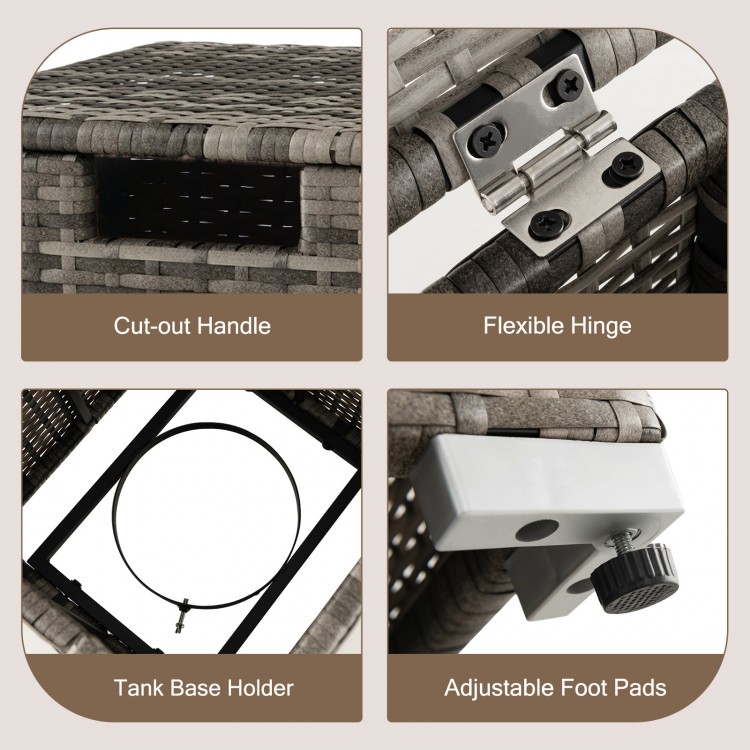 Close-up of the 2-in-1 patio rattan gas propane tank cover with adjustable foot pads and flexible hinge for stability.