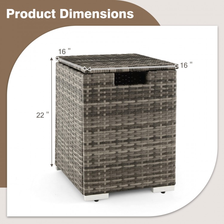 Gray 2-in-1 patio rattan gas propane tank cover with dimensions 16" x 16" x 22", designed for 20 lbs propane tanks.