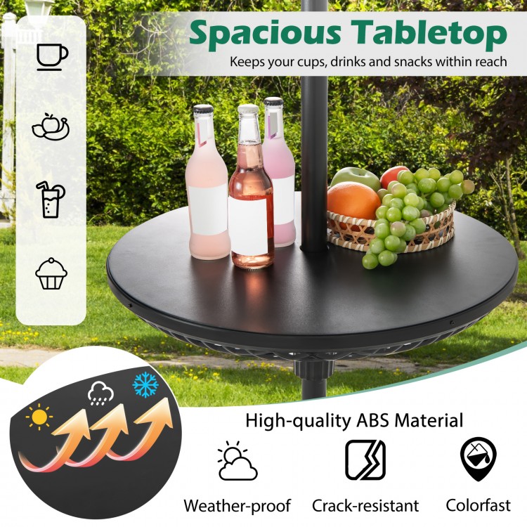Adjustable patio umbrella table tray in black with spacious tabletop, crafted from high-quality ABS for outdoor use.
