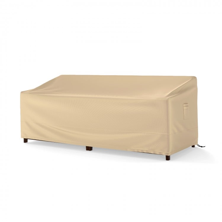 Patio furniture cover in beige, 77 x 43 x 30 inches, with padded handles and click-close straps for outdoor protection.