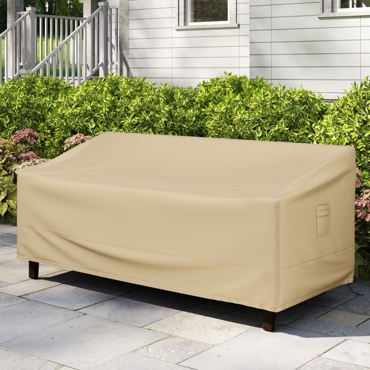 Patio furniture cover in beige, 77 x 43 x 30 inches, features padded handles and click-close straps for secure.