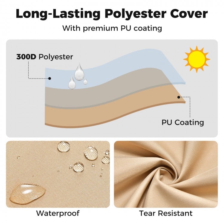 Patio furniture cover made of 300D polyester with PU coating, waterproof and tear-resistant for outdoor protection.