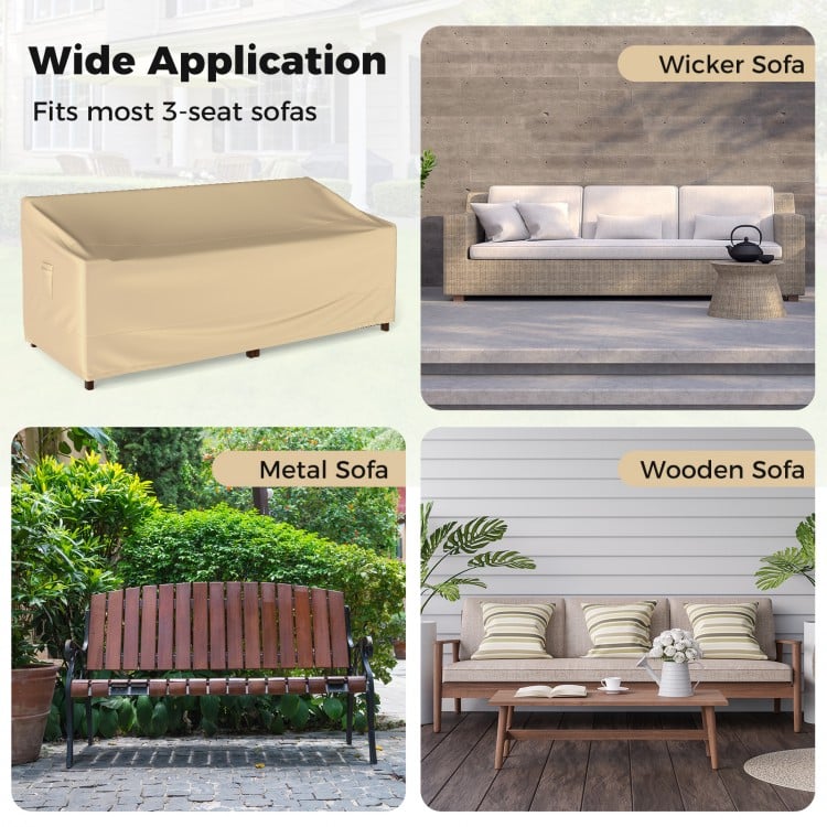 Patio furniture cover with padded handle, designed for 3-seat sofas, featuring water resistance and air vents for.