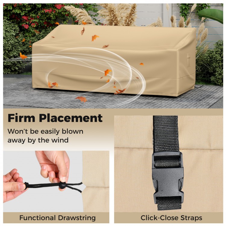 Patio furniture cover with padded handle and click-close straps, 77 x 43 x 30 inches, designed for outdoor protection.