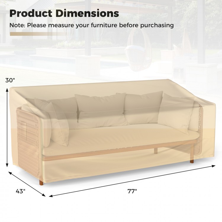 Patio furniture cover with padded handle, 77 x 43 x 30 inches, designed for outdoor loveseats and benches.
