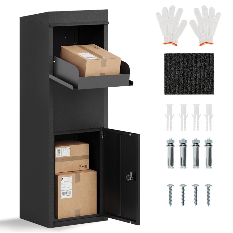 Package delivery box with anti-theft baffle and sloped roof, made of galvanized steel for outdoor use.
