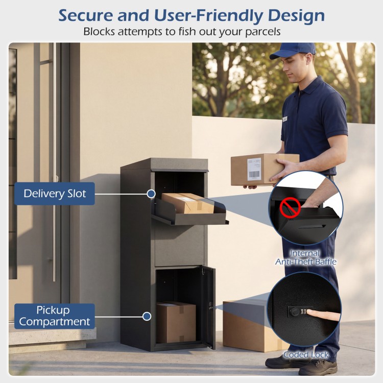 Package delivery box in black with anti-theft baffle, sloped roof, and coded lock for secure outdoor use.