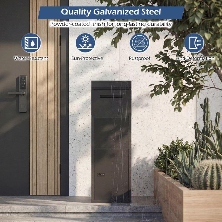 Package delivery box in black, made of galvanized steel, featuring a sloped roof and anti-theft baffle for outdoor use.