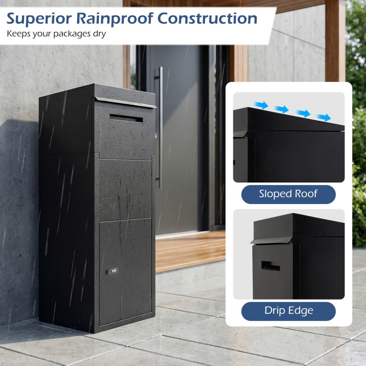 Package delivery box with sloped roof and anti-theft baffle in black, designed for secure outdoor package storage.