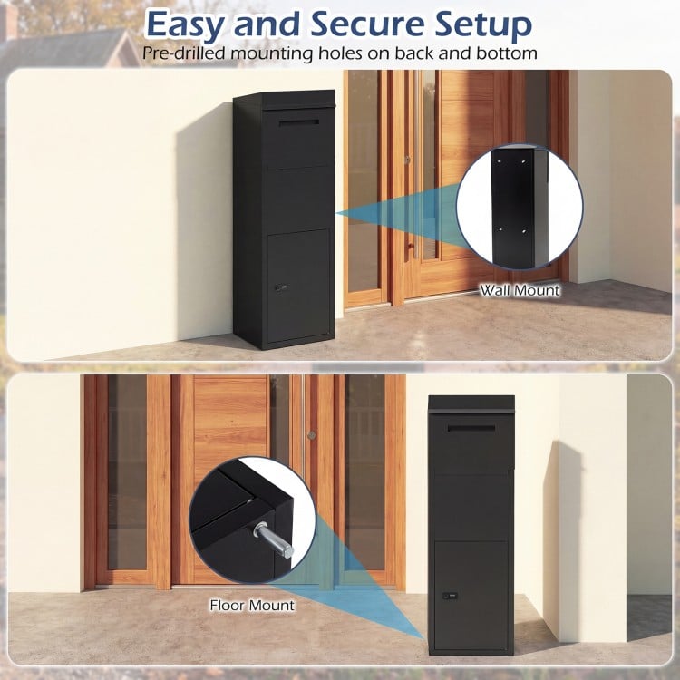 Package delivery box in black with anti-theft baffle, showing wall and floor mounting options for secure setup.