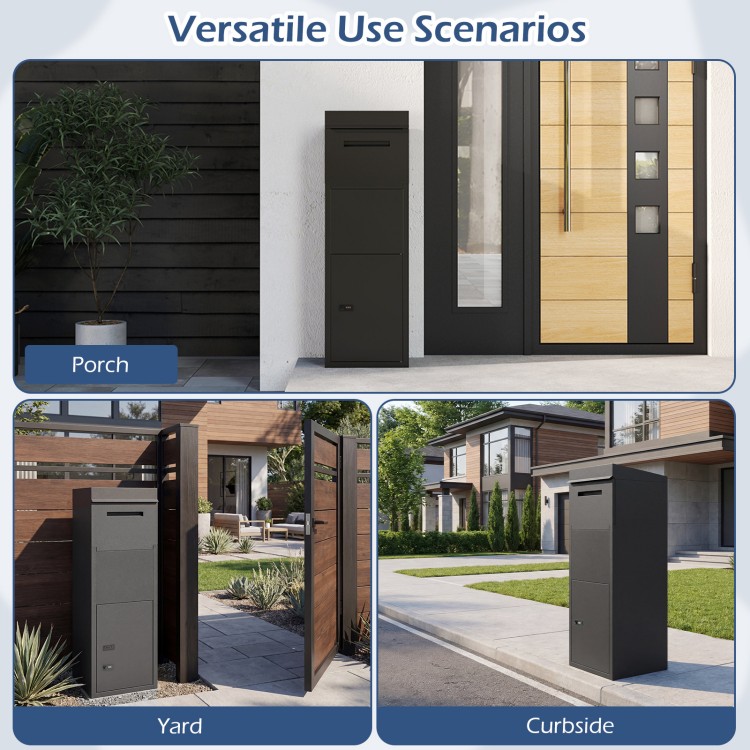 Black package delivery box with anti-theft baffle and sloped roof, ideal for porch, yard, or curbside use.