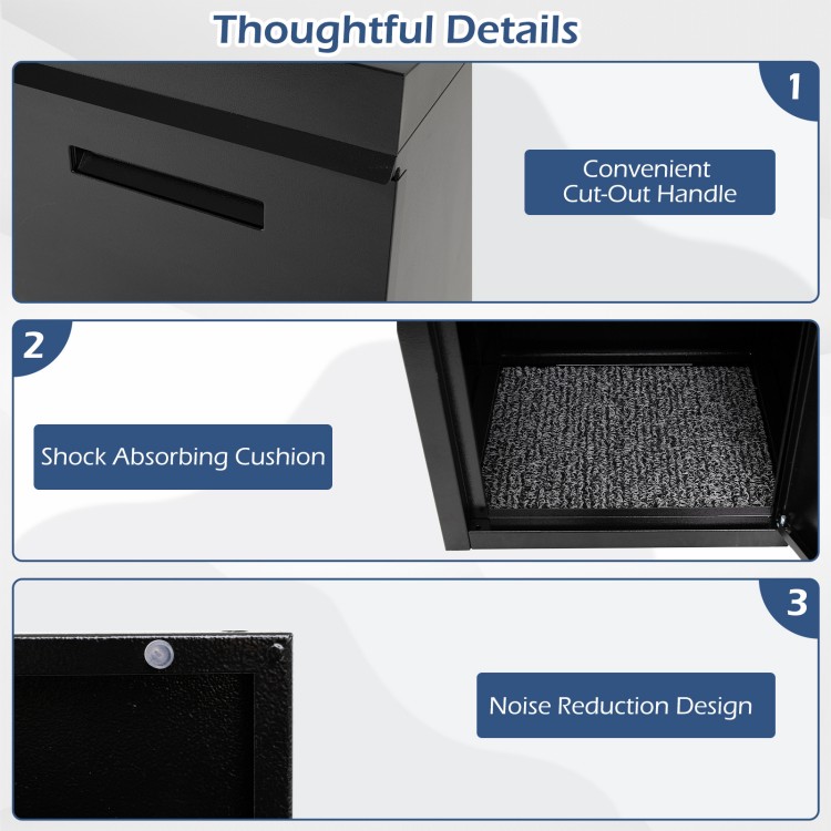 Convenient cut-out handle detail of the black package delivery box with anti-theft baffle for secure outdoor use.