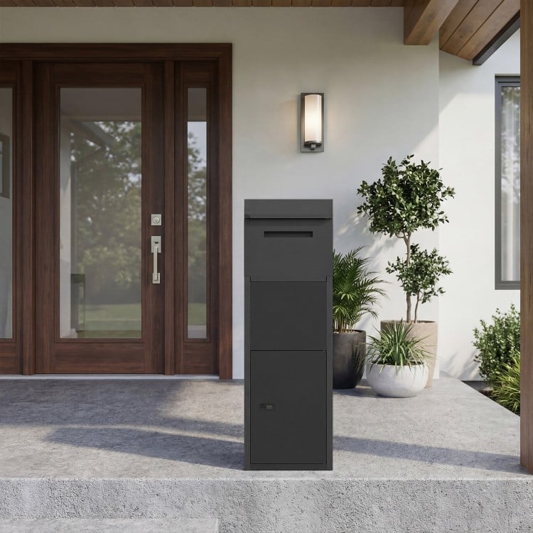 Black package delivery box with anti-theft baffle and sloped roof, ideal for secure outdoor use on porches or yards.