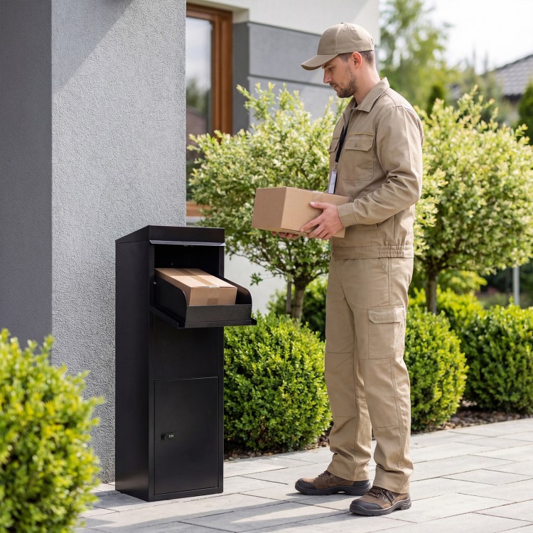 Package delivery box in black with anti-theft baffle, sloped roof, and galvanized steel for secure outdoor use.