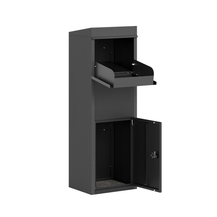 Package delivery box in black with anti-theft baffle and sloped roof, ideal for secure outdoor package storage.