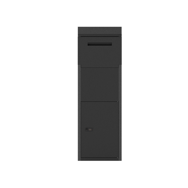 Black package delivery box with anti-theft baffle and sloped roof, ideal for secure outdoor parcel storage.