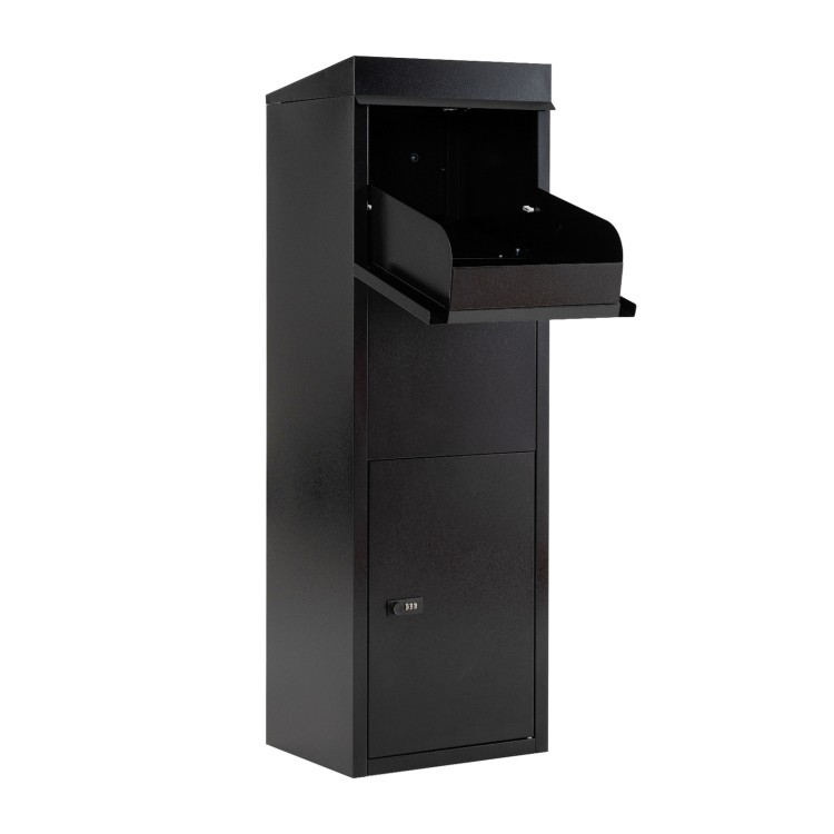 Black package delivery box featuring a coded lock and anti-theft baffle, designed for secure outdoor parcel delivery.