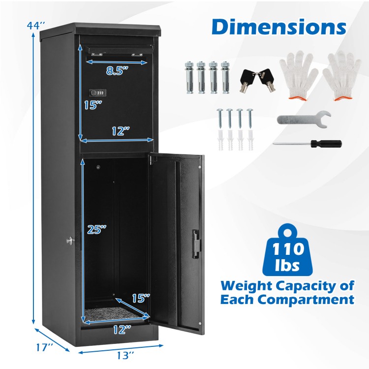 Package delivery box with lockable doors, made of heavy-duty galvanized steel, ideal for outdoor use with a 110 lbs.
