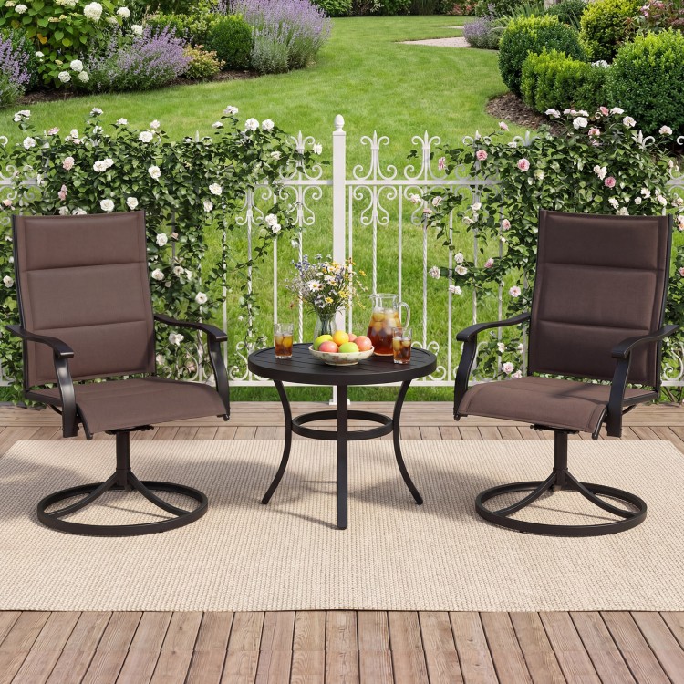 Two ergonomic brown padded patio swivel chairs with a round table, perfect for outdoor dining and relaxation.