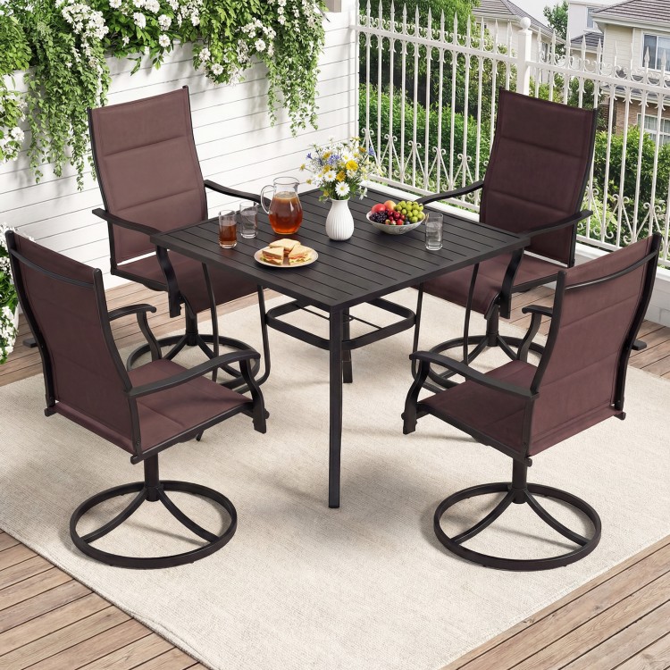 Padded patio swivel chairs set of 2 with ergonomic design, breathable fabric, and sturdy metal frame for outdoor dining.
