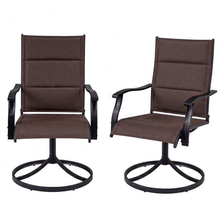 Set of 2 brown padded patio swivel chairs with ergonomic design, breathable fabric, and sturdy metal frame for outdoor.