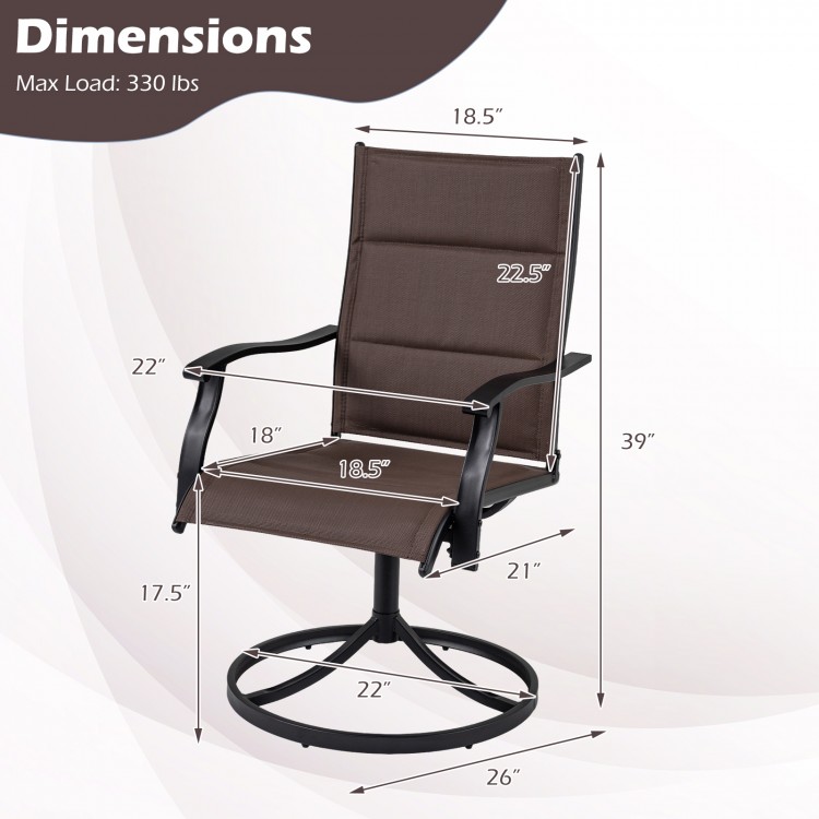 Padded patio swivel chair with ergonomic design, brown breathable fabric, and dimensions for outdoor dining comfort.