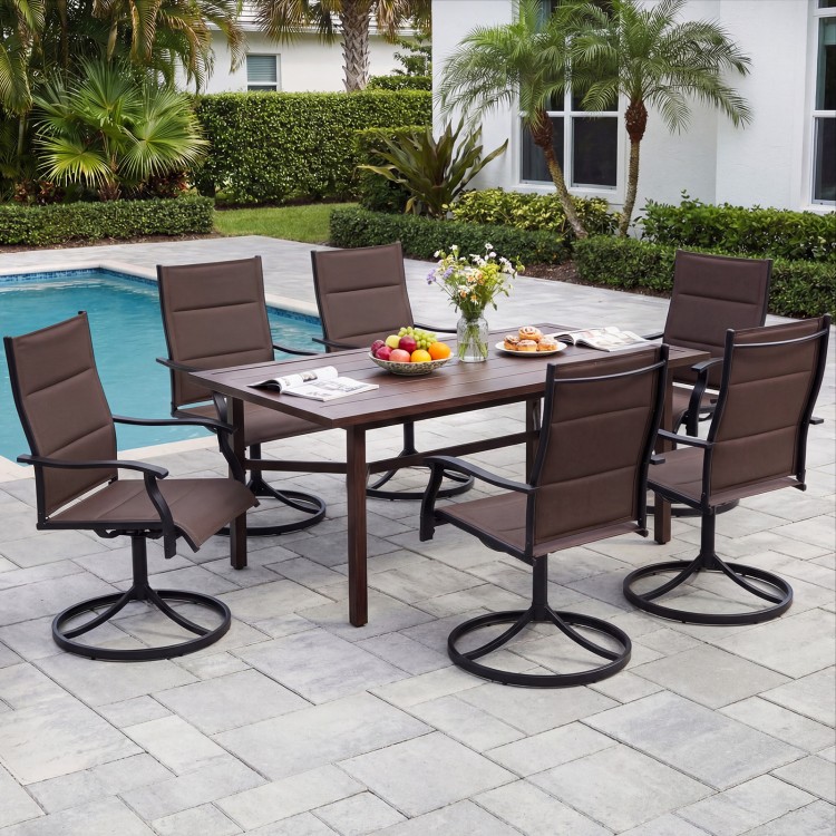 Padded patio swivel chairs set of 2 in brown with ergonomic design, perfect for outdoor dining and relaxation.