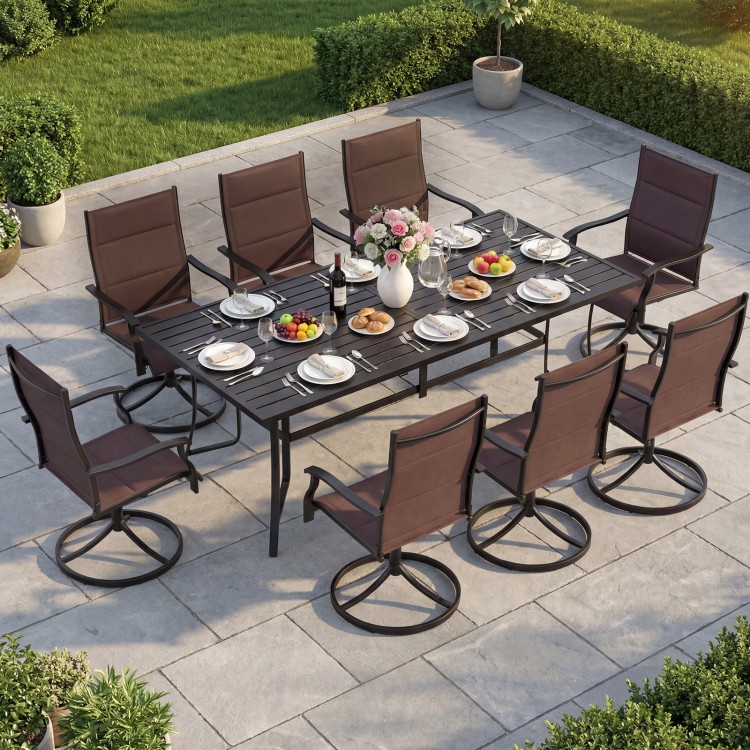 Padded patio swivel chairs set of 2 in brown with ergonomic design, ideal for outdoor dining and relaxation.