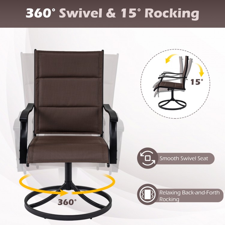 Padded patio swivel chair with 360° swivel and 15° rocking motion, featuring breathable fabric and ergonomic design for.