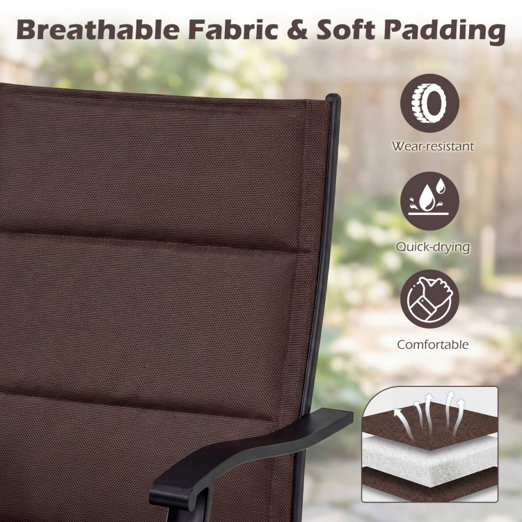 Close-up of the padded ergonomic outdoor dining chair in brown, featuring breathable fabric and soft padding for.