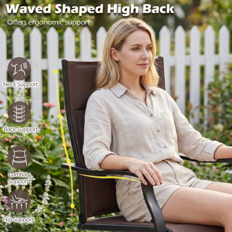 Ergonomic brown padded patio swivel chair with high back, offering neck and lumbar support for outdoor dining comfort.