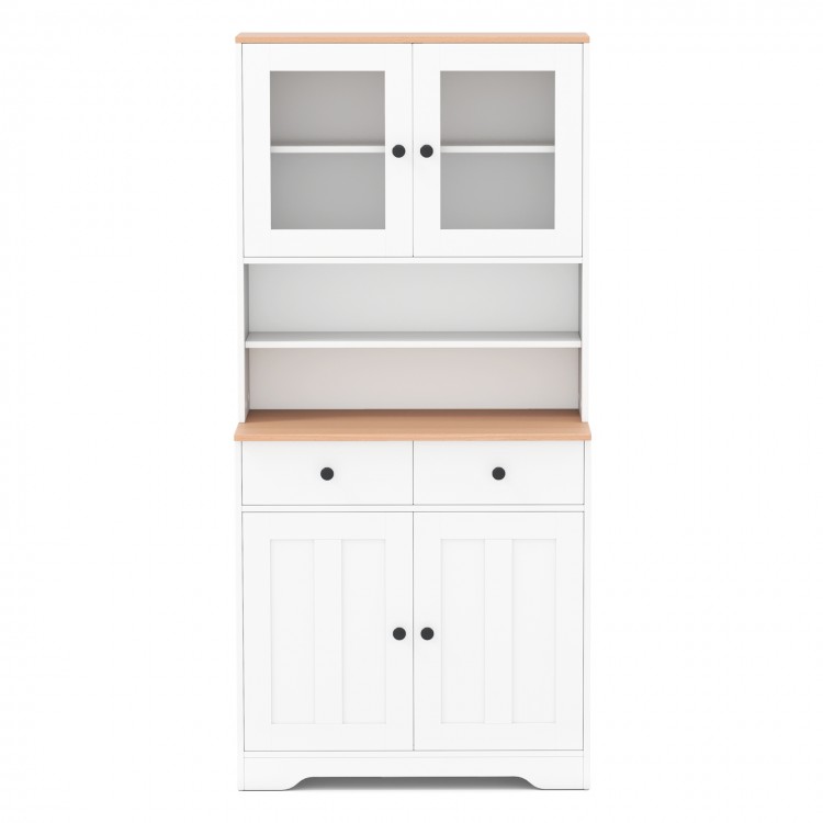 White pantry cabinet featuring two removable shelves, glass doors, and two drawers for organized storage in any room.