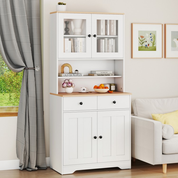 Pantry cabinet with white finish, featuring glass doors, two removable shelves, and two drawers for organized storage.