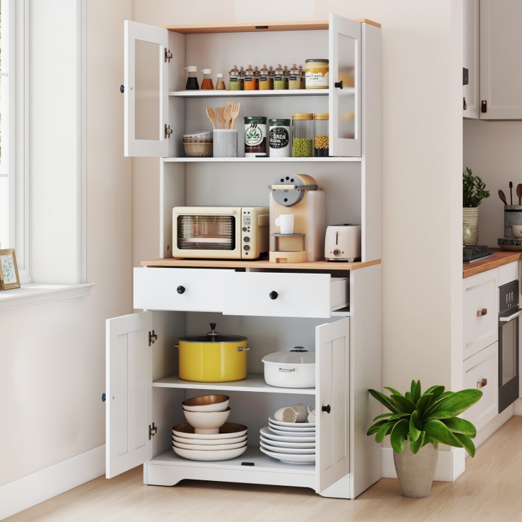 Pantry cabinet with white finish, glass doors, and two removable shelves, perfect for kitchen storage and organization.