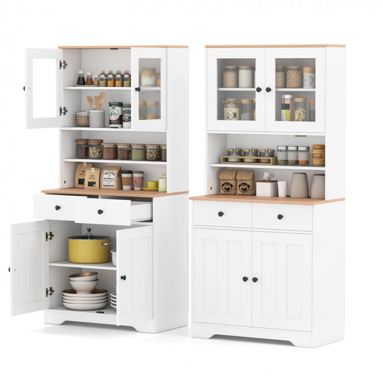 Pantry cabinet in white with glass doors, featuring 2 removable shelves and 2 drawers for organized kitchen storage.