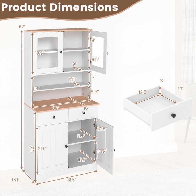 Pantry cabinet with white finish, featuring two removable shelves, two drawers, and glass doors for stylish storage.