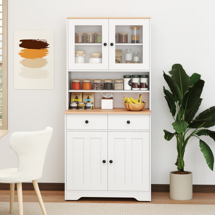 Pantry cabinet with white finish, glass doors, and two removable shelves, perfect for kitchen or living room storage.