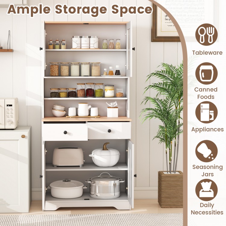 Pantry cabinet in white with glass doors, two removable shelves, and drawers for organized kitchen storage.