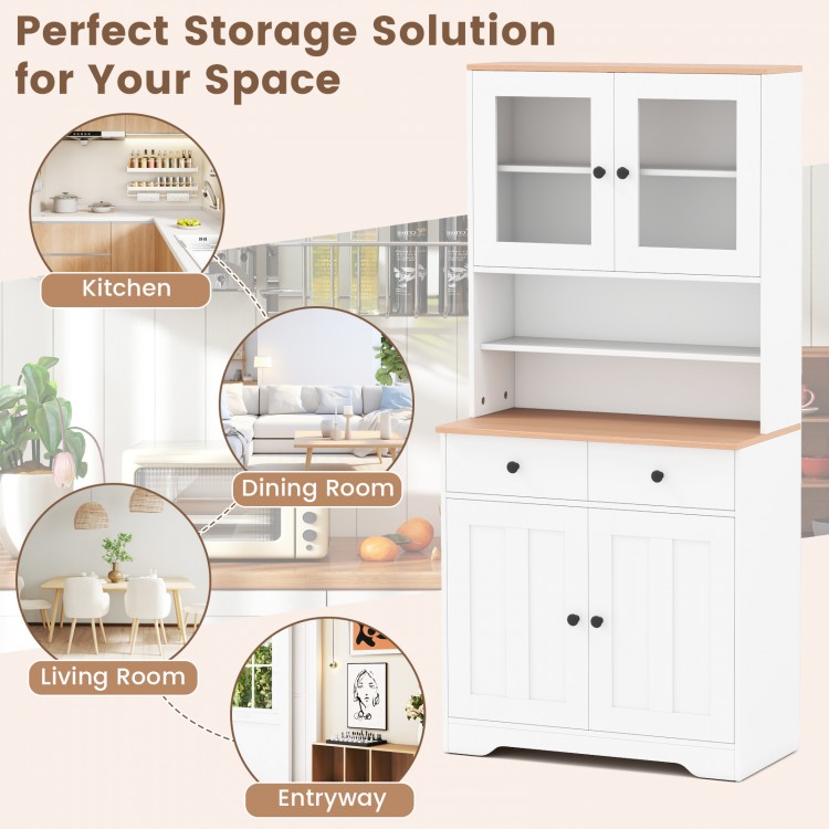 Pantry cabinet in white with glass doors, two removable shelves, and two drawers for versatile storage in any room.