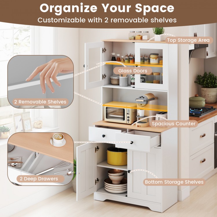 Pantry cabinet with glass doors and two removable shelves, featuring a spacious counter and two deep drawers for.