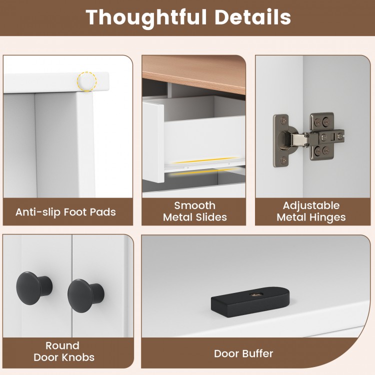 Close-up of adjustable metal hinges and smooth drawer slides on a white pantry cabinet with removable shelves.