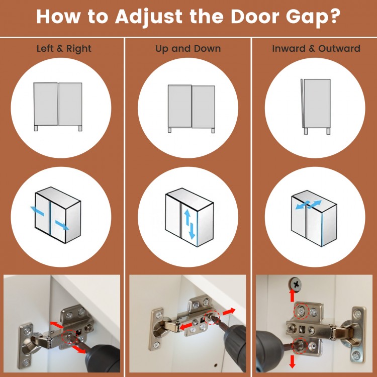 Adjustable hinges for optimal door alignment on a white pantry cabinet with removable shelves and glass doors.