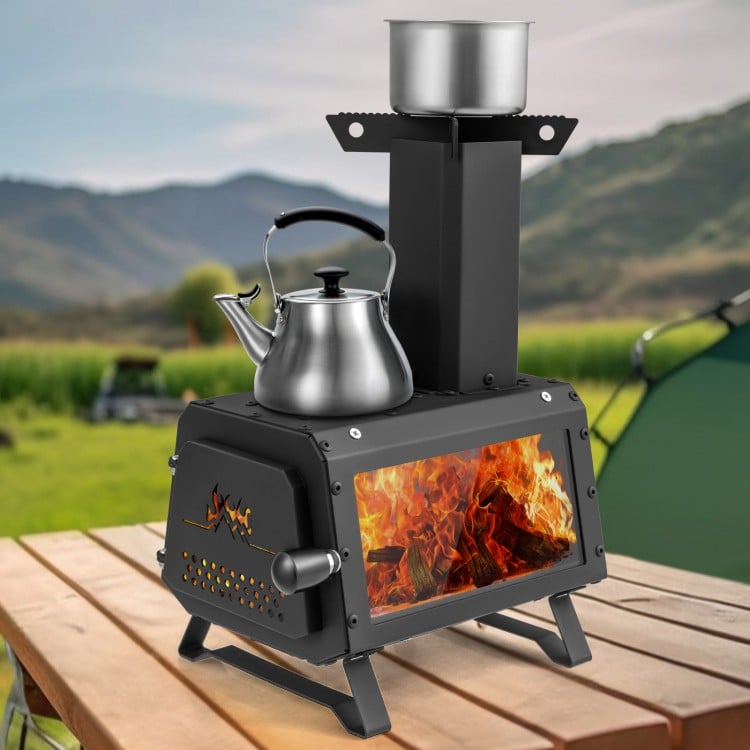 Portable wood camping stove heater with heat-resistant glass, dual cooking positions, and sturdy carbon steel design.