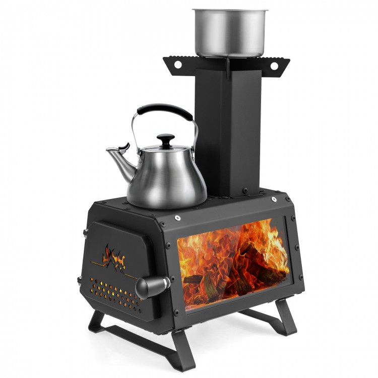 Portable wood camping stove heater with heat-resistant glass, dual cooking positions, and durable carbon steel for.