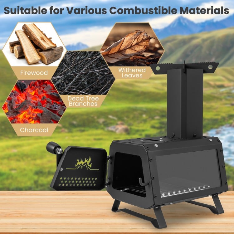 Portable wood camping stove heater with heat-resistant glass, durable carbon steel, and dual cooking positions for.