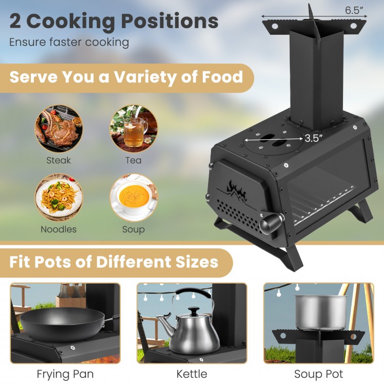 Portable wood camping stove with dual cooking positions, durable carbon steel, and heat-resistant glass for versatile.