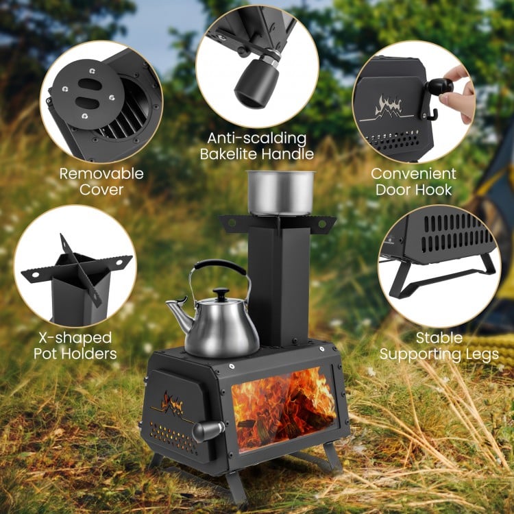 Portable wood camping stove heater with heat-resistant window, removable cover, and stable legs for outdoor cooking.