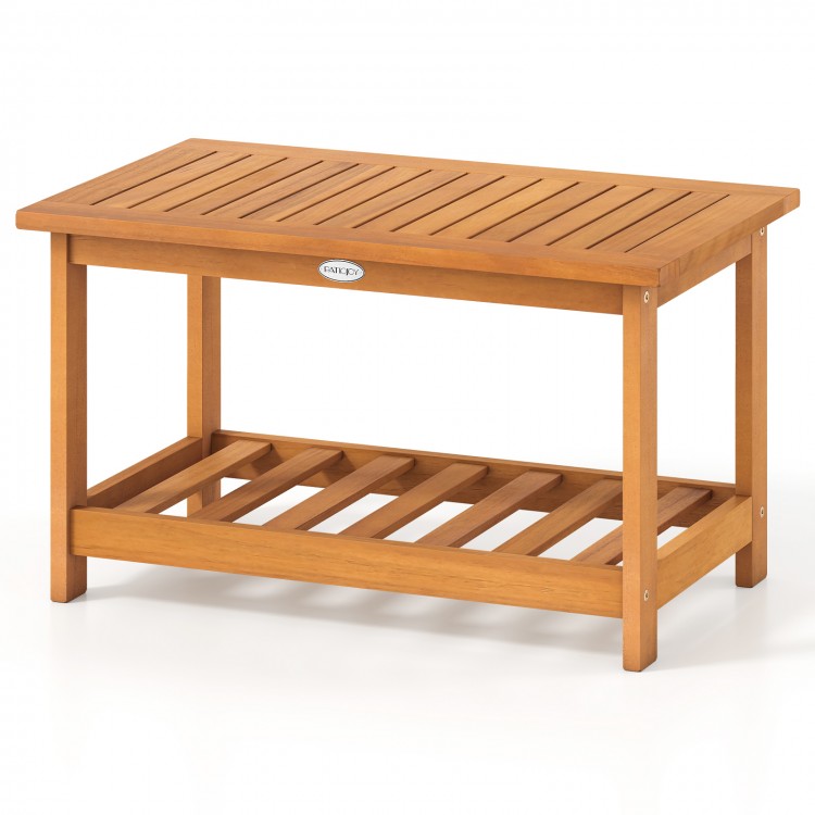 Rectangular 2-tier acacia wood coffee table with a wide tabletop and bottom shelf, ideal for indoor or outdoor use.