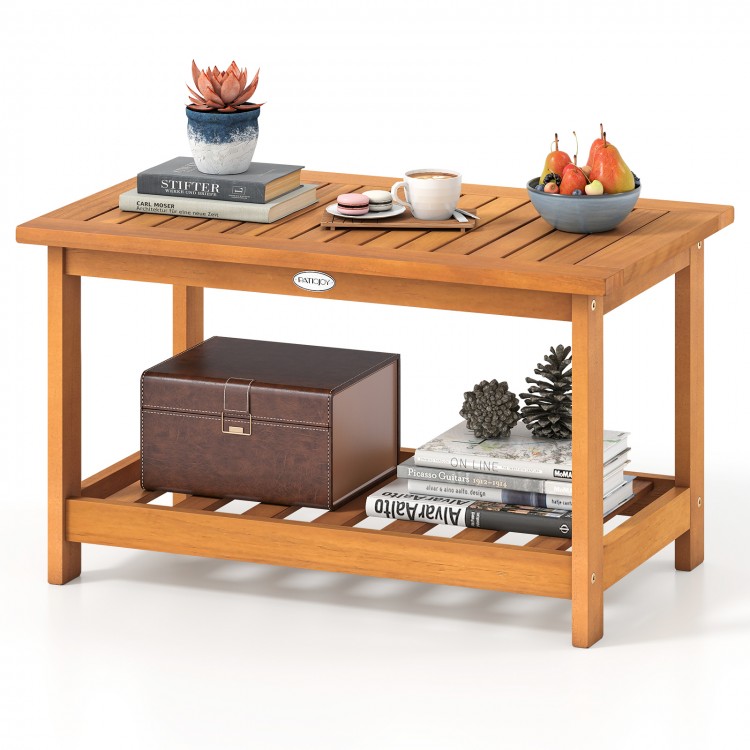 Rectangular 2-tier acacia wood coffee table with a wide top and bottom shelf, ideal for indoor and outdoor use.