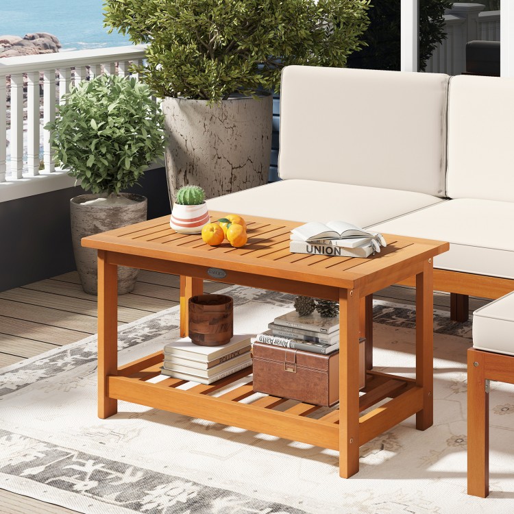 Rectangular acacia wood coffee table with 2-tier design, perfect for outdoor patios and indoor living rooms.